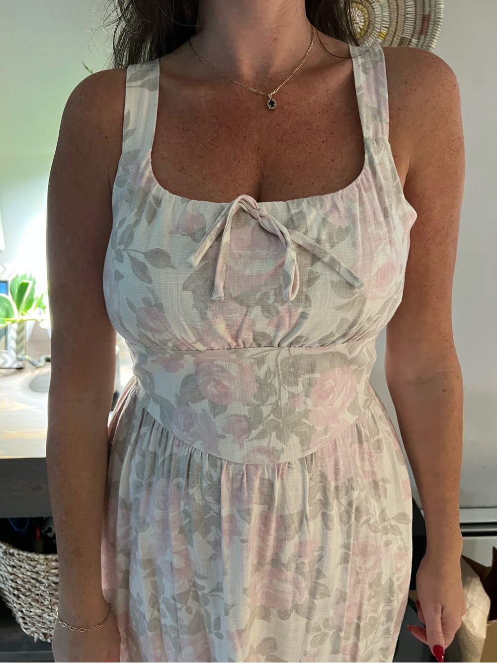 Sleeveless Pink & Cream Floral Maxi Dress with Tie Front